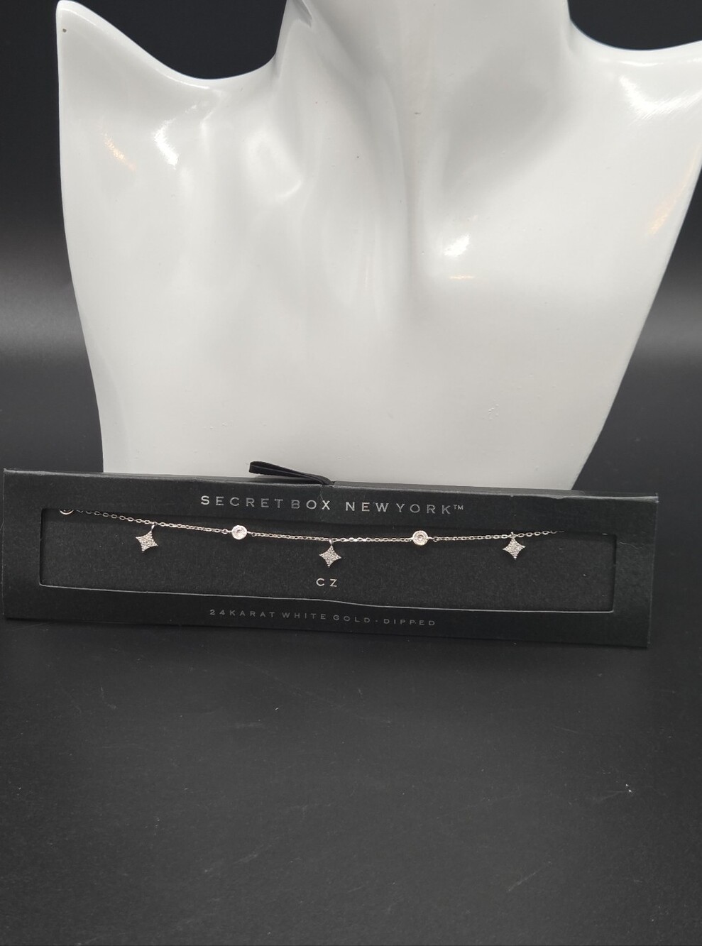 Silver CZ Station Necklace - White Gold Dipped Finish